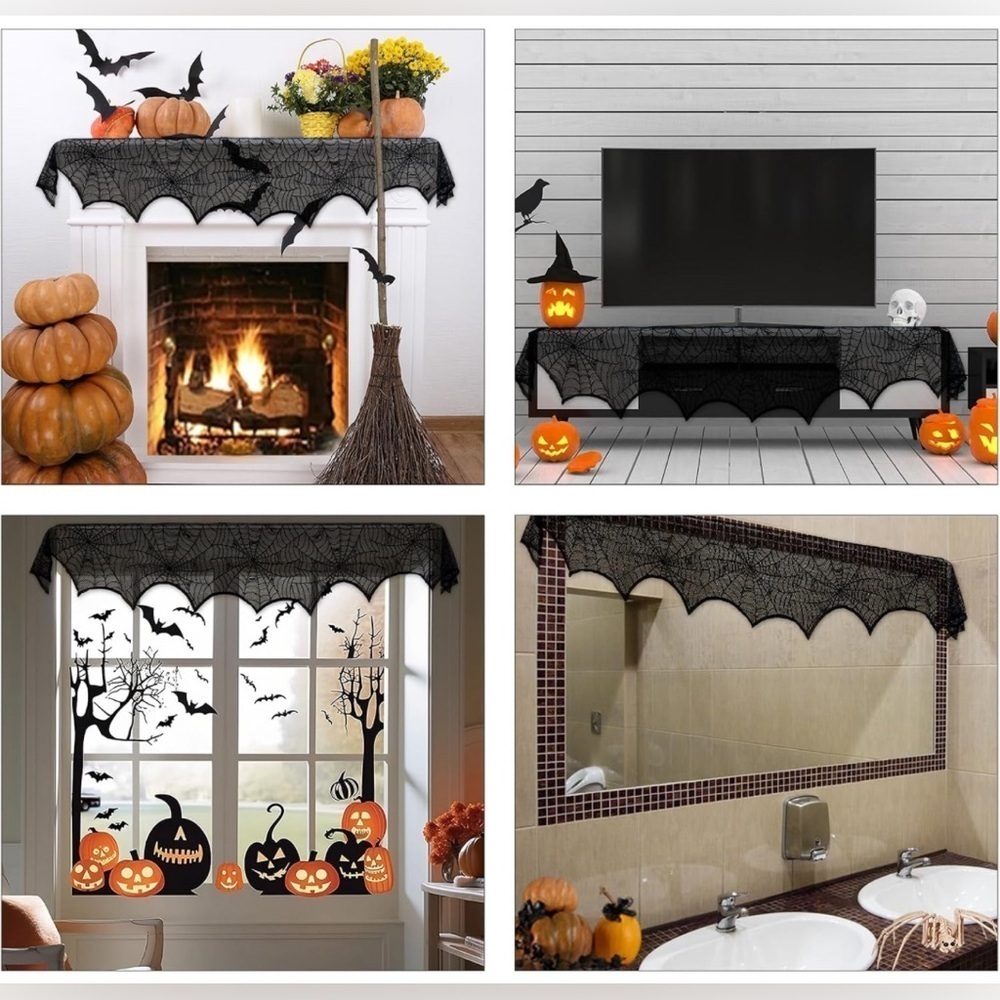 Halloween Decoration Black Lace Spiderweb Fireplace Mantle Cover 18” x 96” - Picture 6 of 9